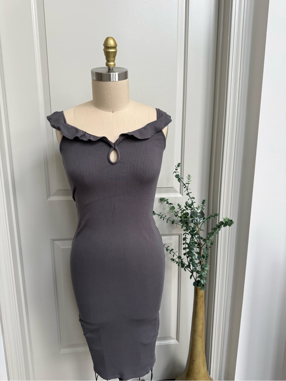 Express Ribbed Midi Dress with Ruffle Neckline - Charcoal Gray
